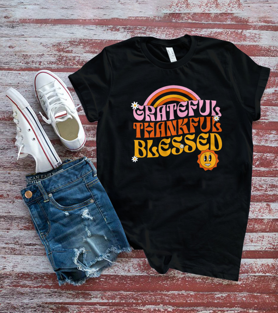 Grateful Thankful Blessed Retro Rainbow Sunflower Smiley Face T-Shirt