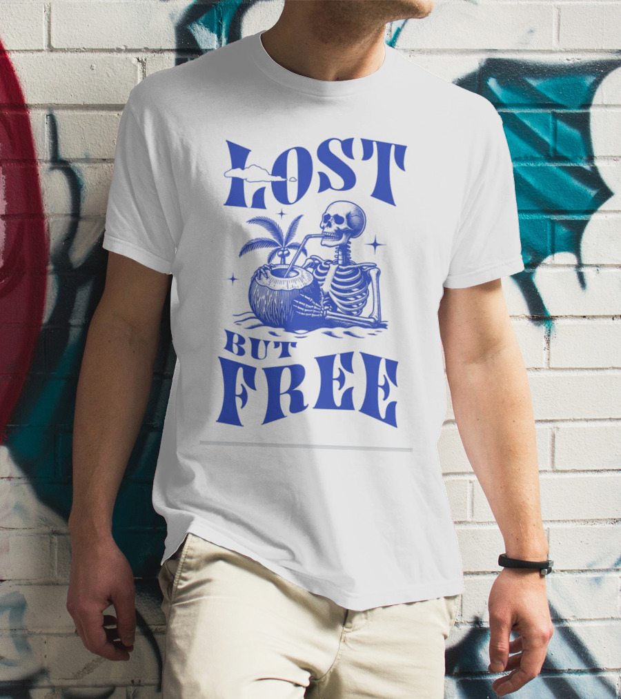 Lost But Free Skeleton With Coconut Drink Beach Vintage T-Shirt