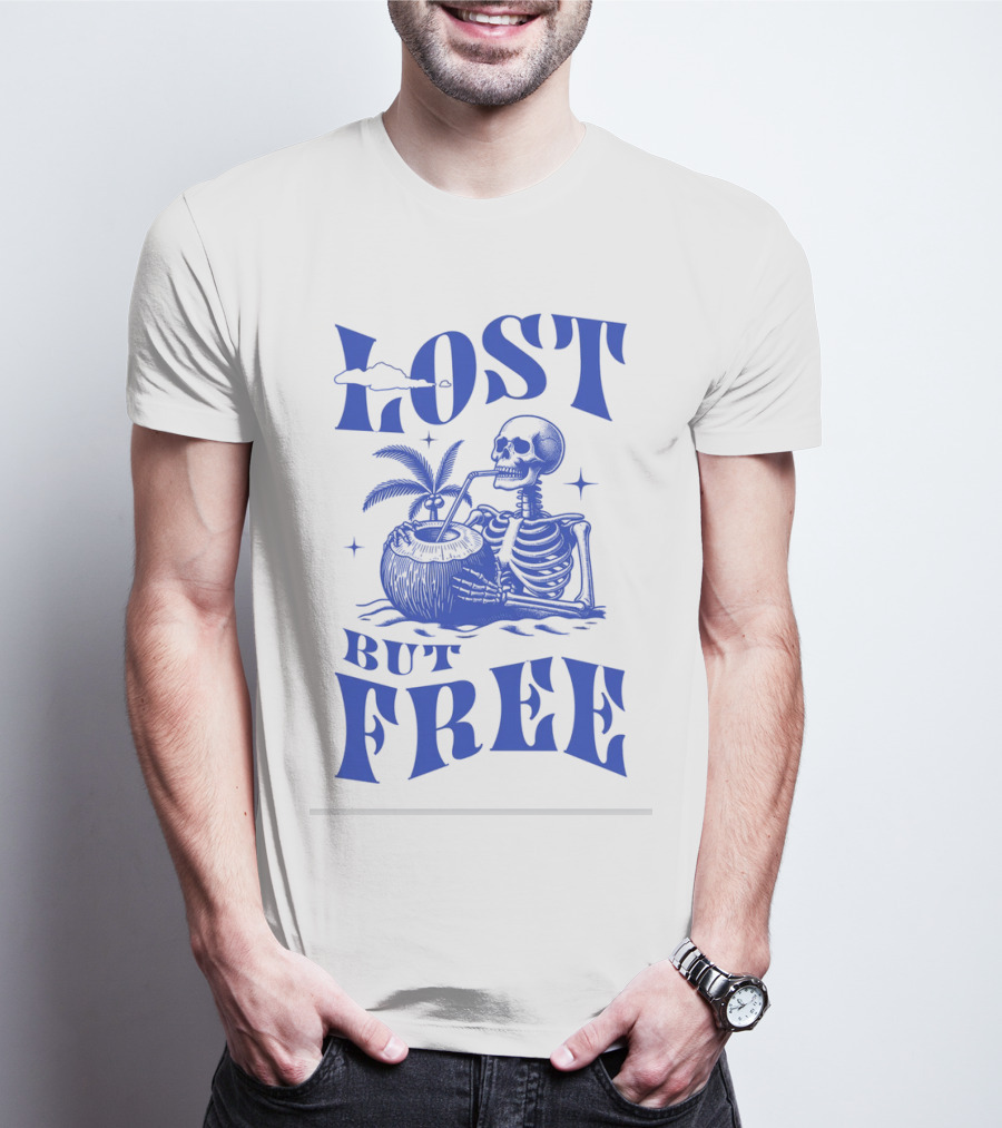 Lost But Free Skeleton With Coconut Drink Beach Vintage T-Shirt