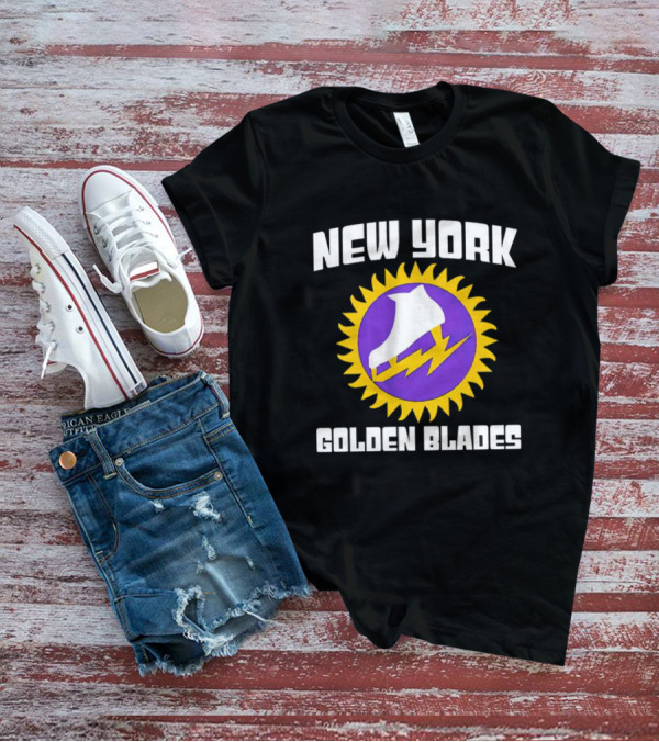 New York Golden Blades Ice Skate Logo With Purple And Gold Sunburst T-Shirt