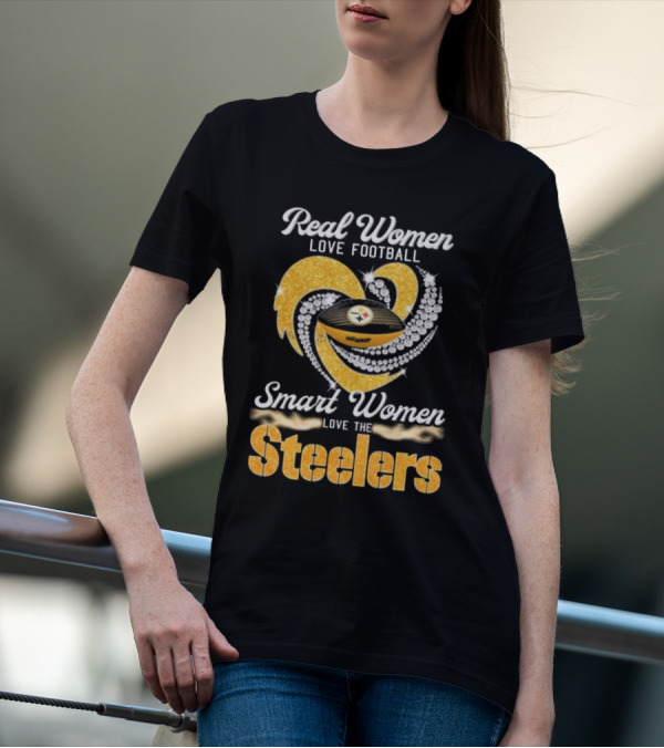 Real Women Love Football Smart Women Love The Steelers Diamond Heart T-Shirt