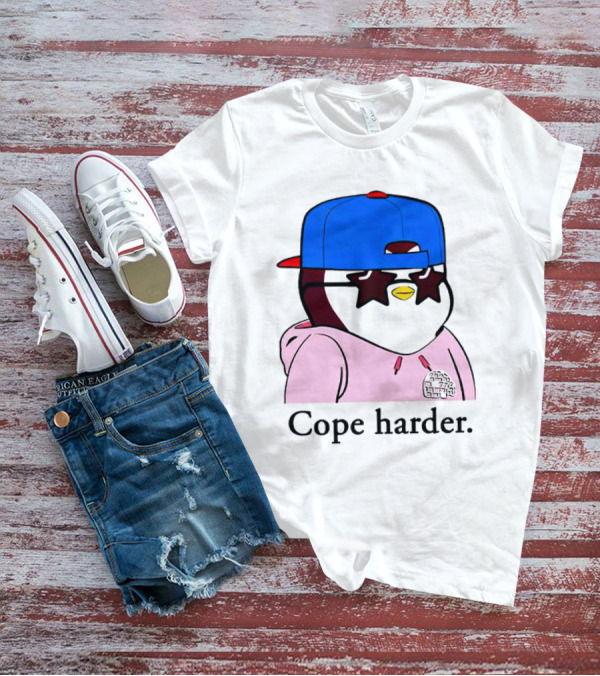 Pudgy Penguin Cope Harder Star Shades Blue Cap Pink T-Shirt