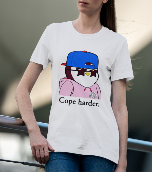 Pudgy Penguin Cope Harder Star Shades Blue Cap Pink T-Shirt