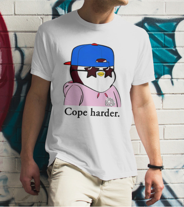 Pudgy Penguin Cope Harder Star Shades Blue Cap Pink T-Shirt
