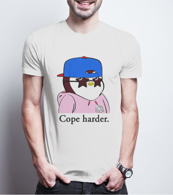 Pudgy Penguin Cope Harder Star Shades Blue Cap Pink T-Shirt