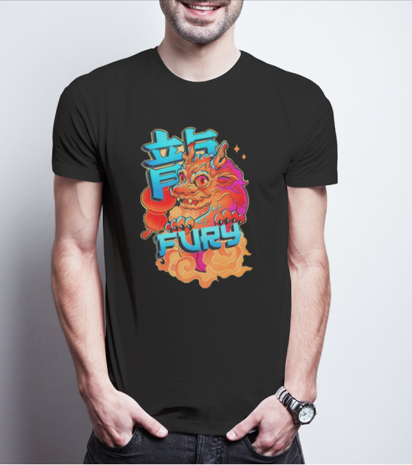 Dragon Fury Vibrant Mythical Creature With Neon Chinese Characters T-Shirt