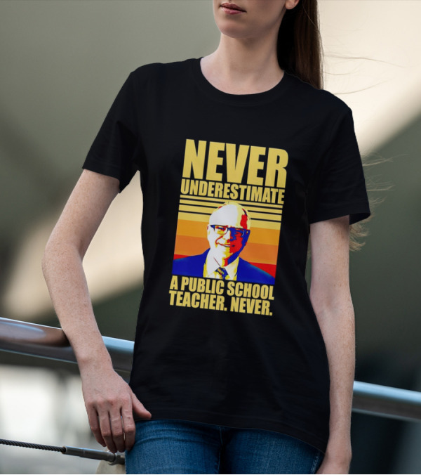 Never Underestimate A Public School Teacher Never Tim Walz Vintage Retro Stripes T-Shirt