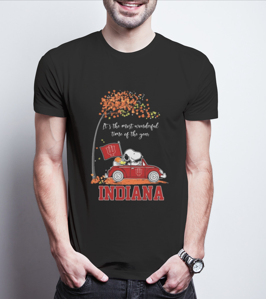 Indiana Hoosiers Snoopy And Woodstock Driving Car Fall It’s The Most Wonderful Time Of The Year T-Shirt