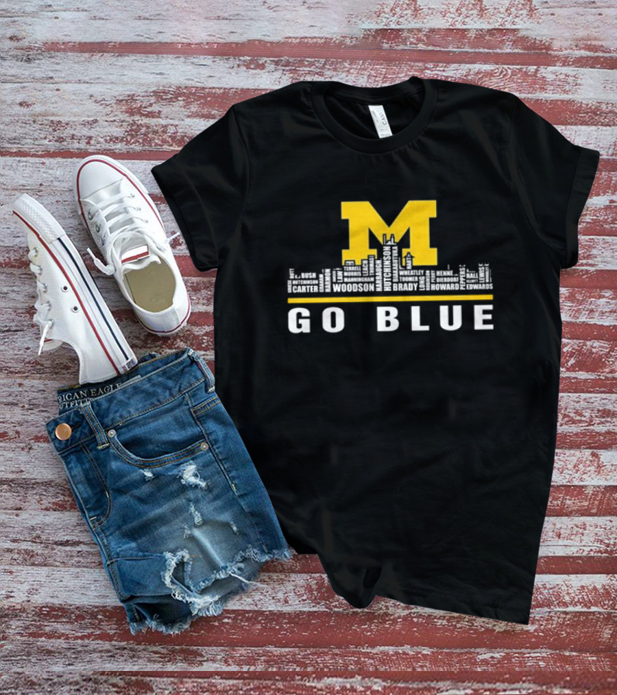 Michigan Wolverines Go Blue Skyline With Woodson Hutchinson Brady Names T-Shirt