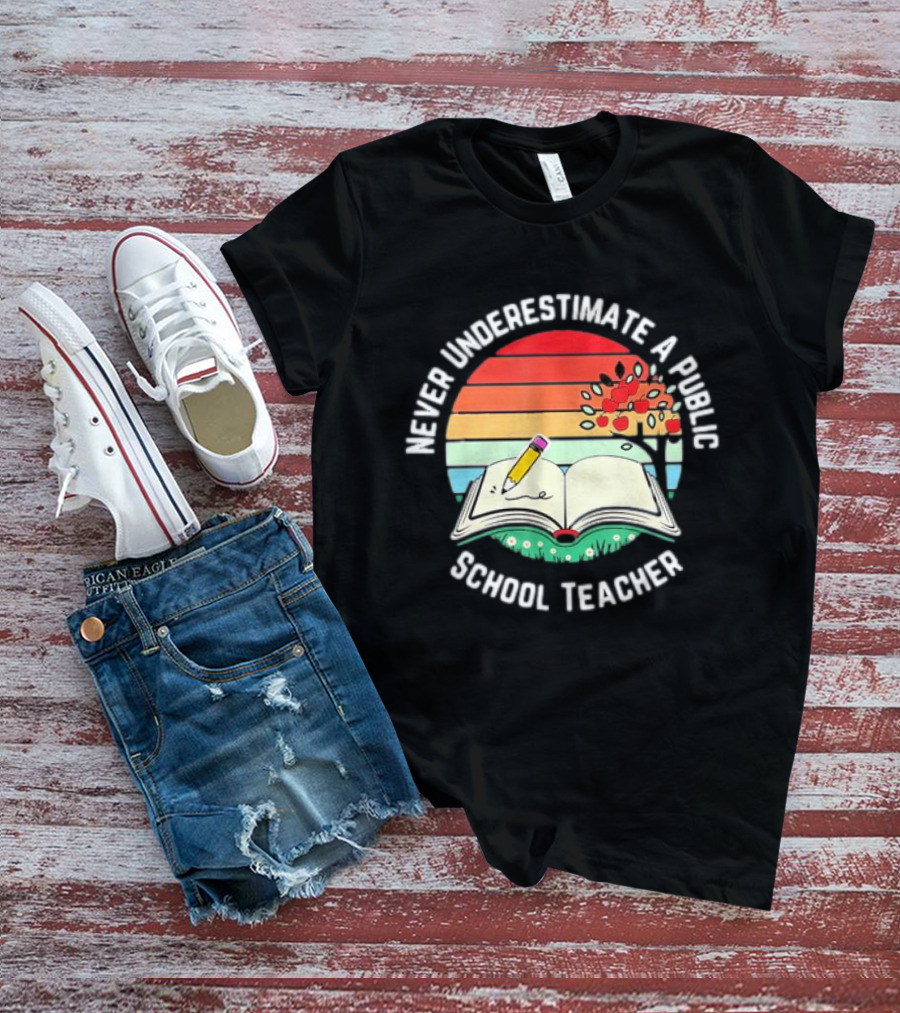 Never Underestimate A Public School Teacher Retro Vintage Open Book Pencil Sunset T-Shirt