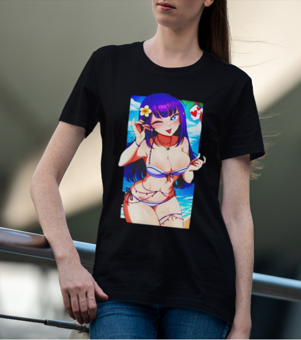 Hot Waifu Chika Fujiwara V2 Beach Anime Girl Winking Playing Card Flower Bikini T-Shirt