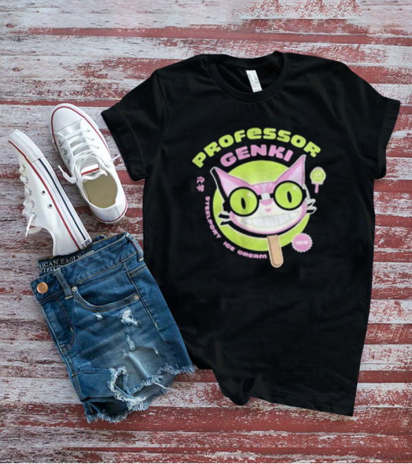 Professor Genki Steelport Ice Cream Cat Neon Green Pink Fun T-Shirt