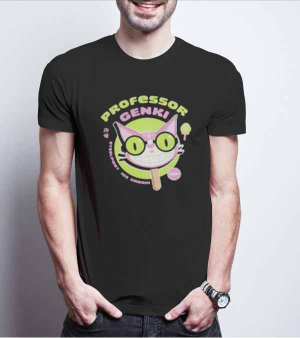 Professor Genki Steelport Ice Cream Cat Neon Green Pink Fun T-Shirt