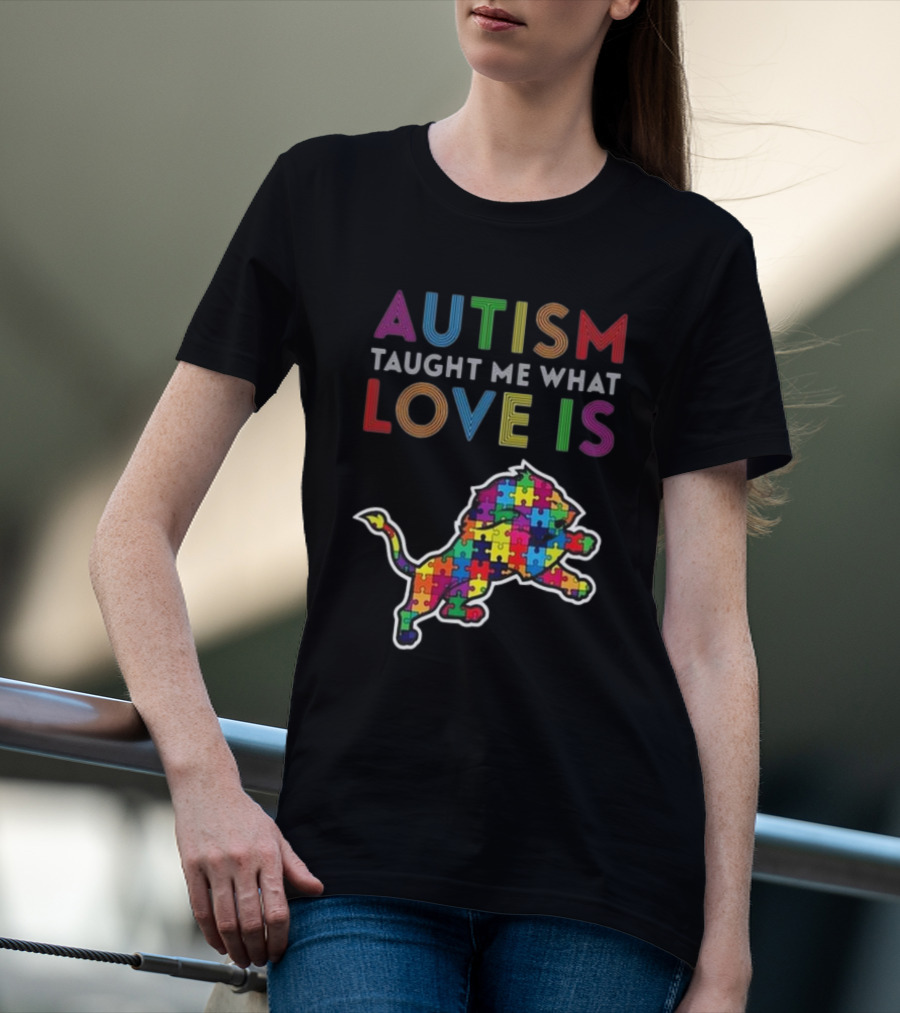 Detroit Lions Autism Taught Me What Love Is Puzzle Lion T-Shirt