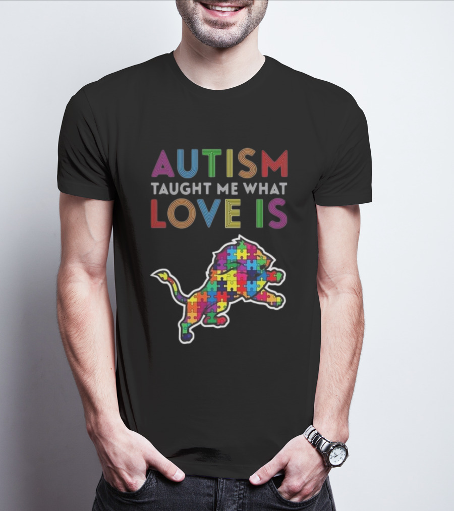 Detroit Lions Autism Taught Me What Love Is Puzzle Lion T-Shirt