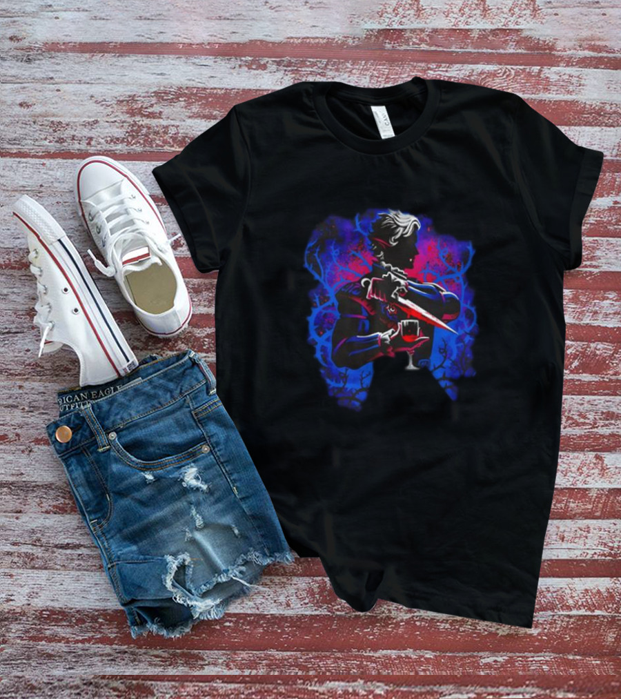 High Elf Vampire Dark Fantasy Silhouette With Dagger And Wine Glass T-Shirt