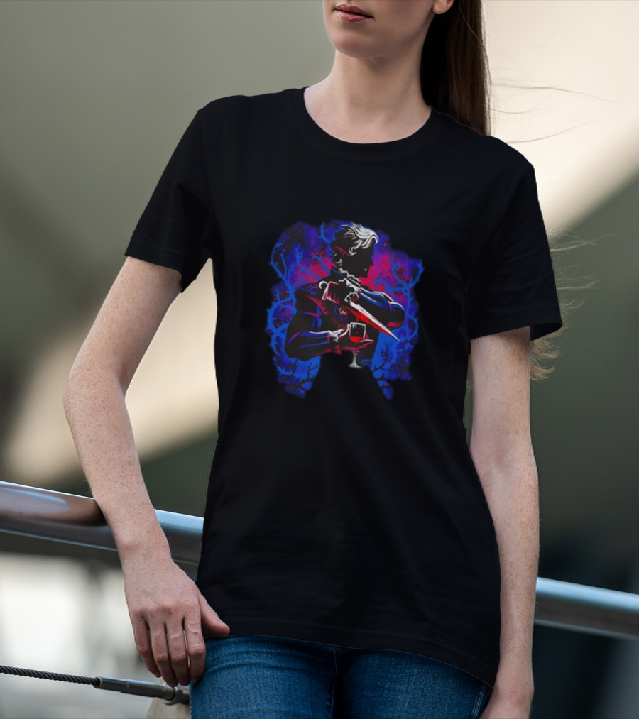 High Elf Vampire Dark Fantasy Silhouette With Dagger And Wine Glass T-Shirt