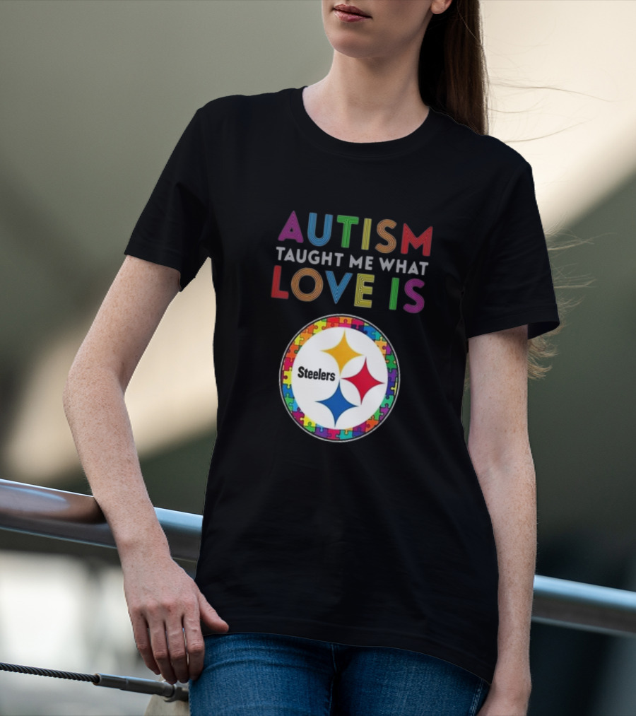 Autism Taught Me What Love Is Pittsburgh Steelers Puzzle T-Shirt