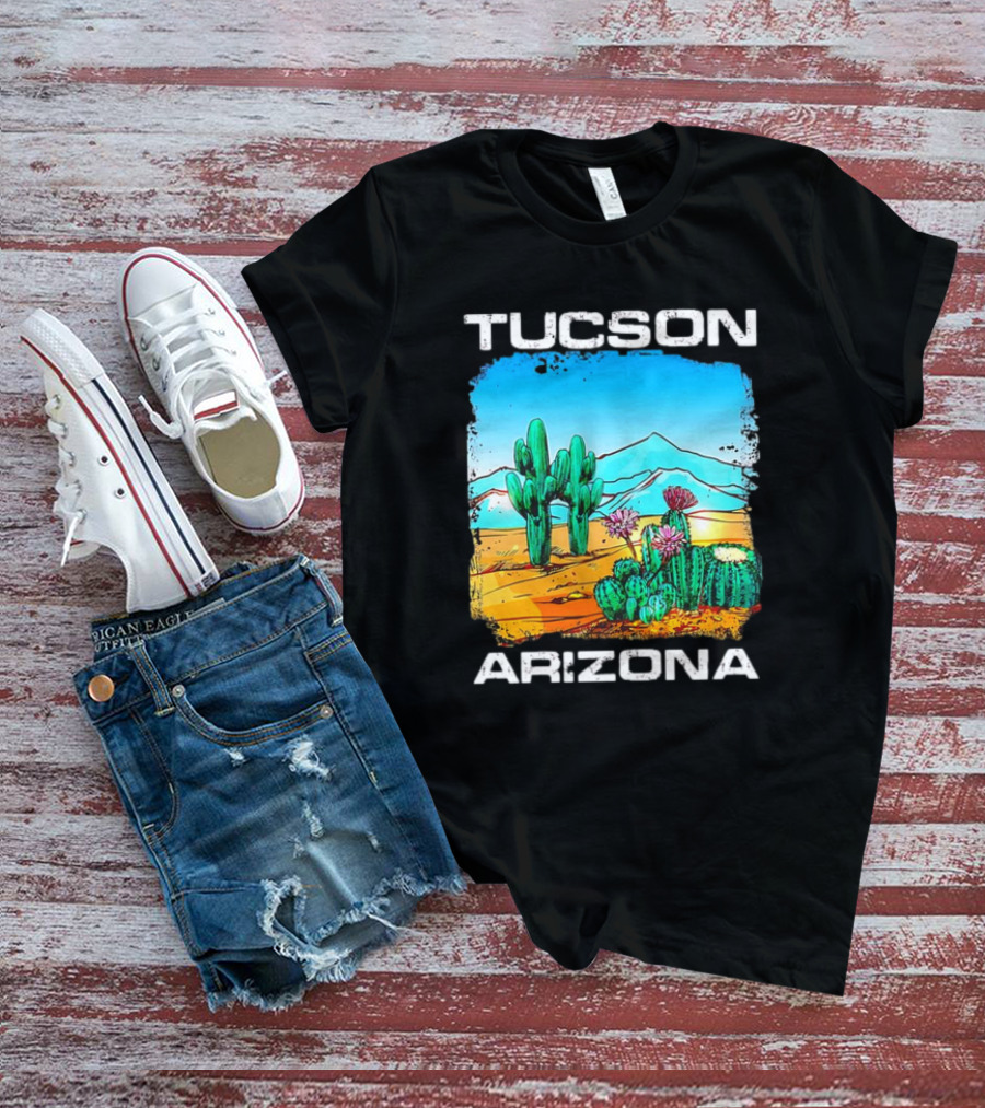 Tucson Arizona Retro Desert Scene With Cactus And Mountains T-Shirt