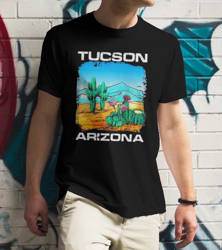 Tucson Arizona Retro Desert Scene With Cactus And Mountains T-Shirt