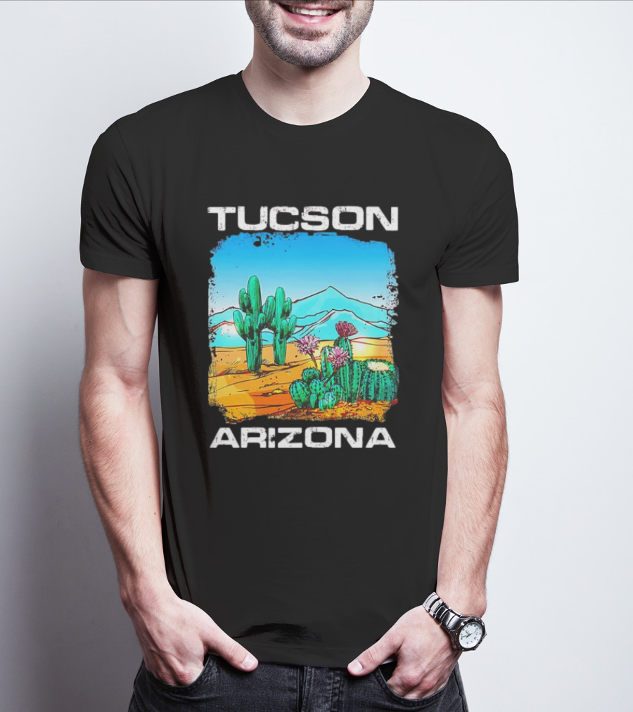 Tucson Arizona Retro Desert Scene With Cactus And Mountains T-Shirt
