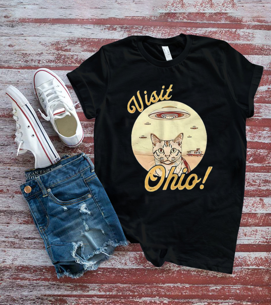 Visit Ohio Cat UFO Alien Spaceship Adventure T-Shirt