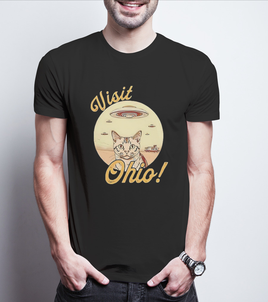 Visit Ohio Cat UFO Alien Spaceship Adventure T-Shirt