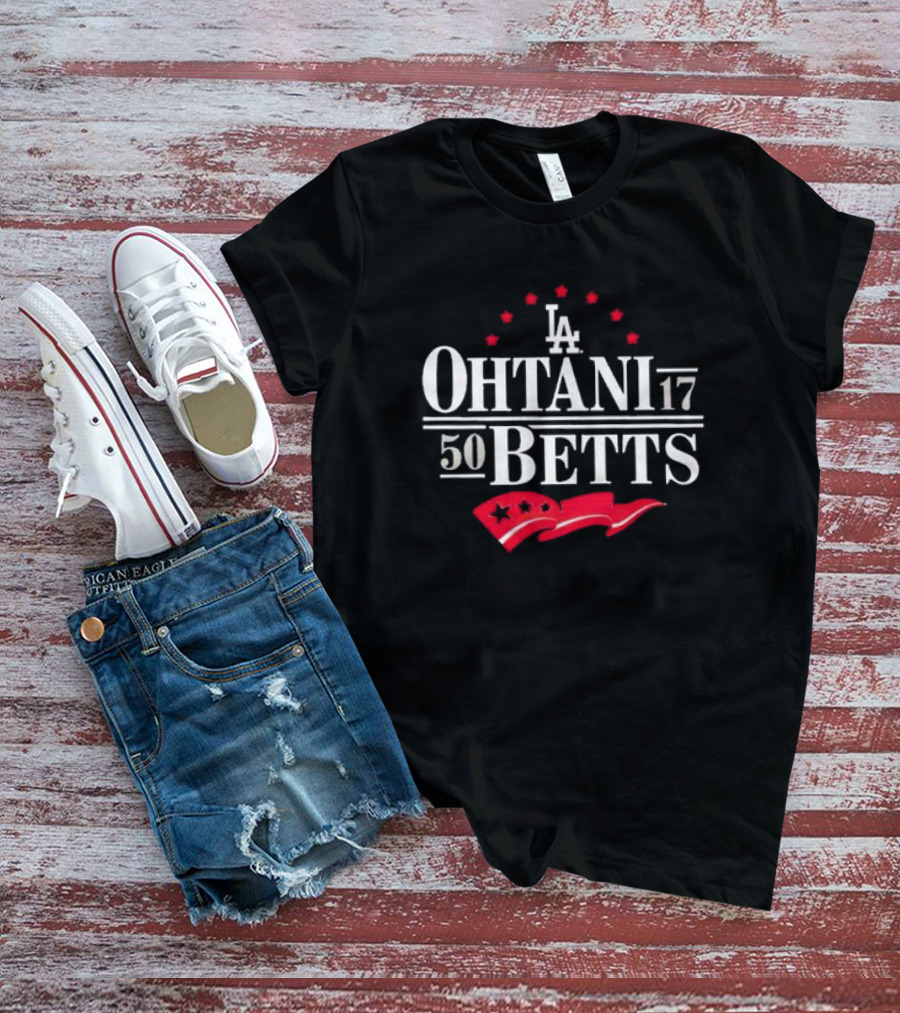 LA Dodgers Ohtani 17 Betts 50 Stars Red Banner T-Shirt