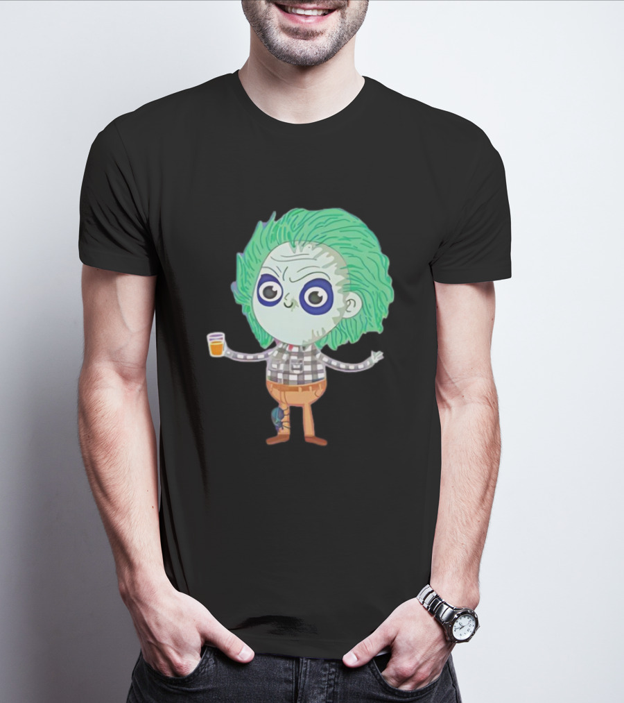 Beetlejuice Ghost Exorcist Cartoon Character With Drink T-Shirt