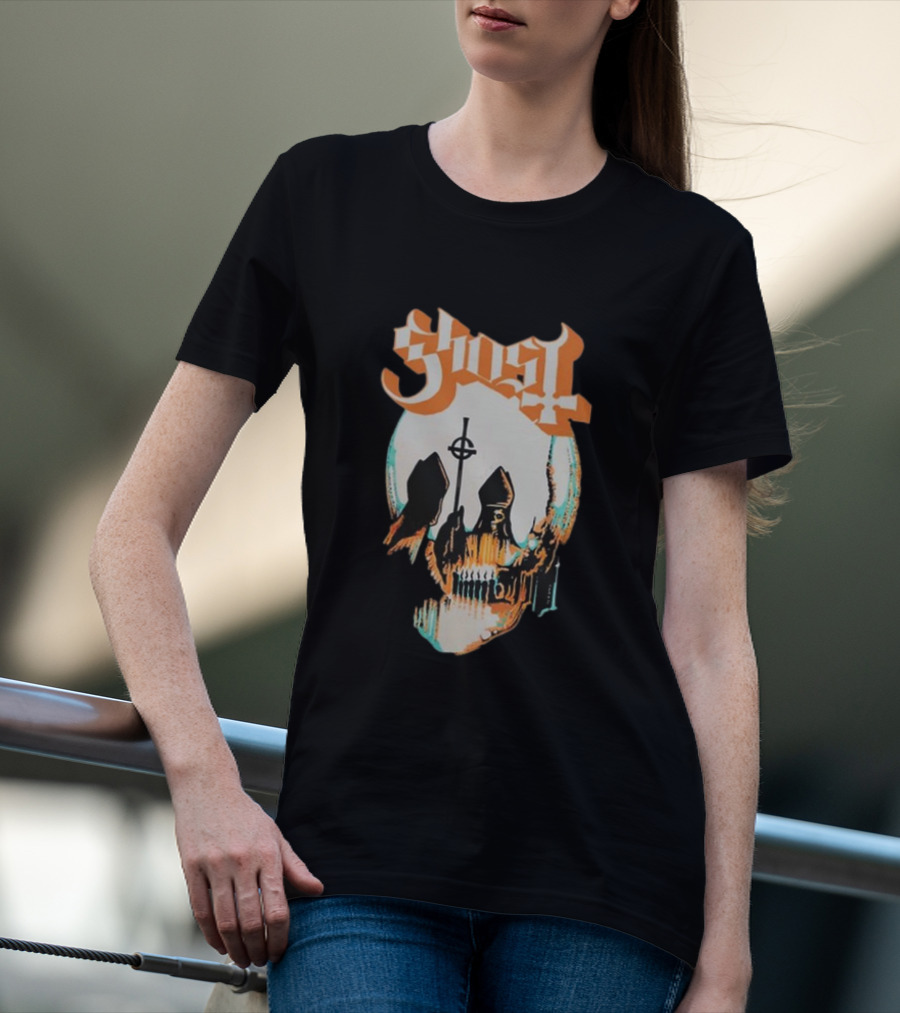 Ghost Band Skull Reflections With Cross And Cathedral Elements T-Shirt