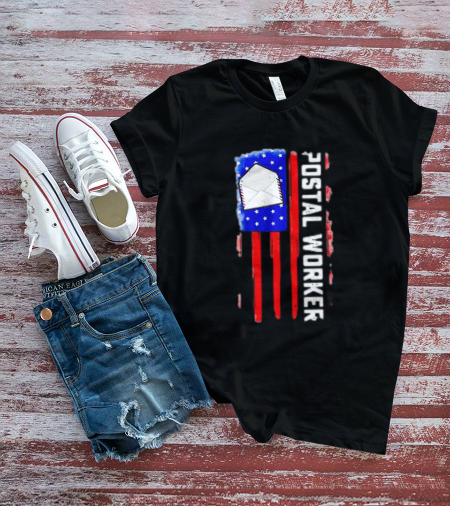 Postal Worker American Flag Envelope Stars Stripes Patriotic Postman Rural Carrier T-Shirt