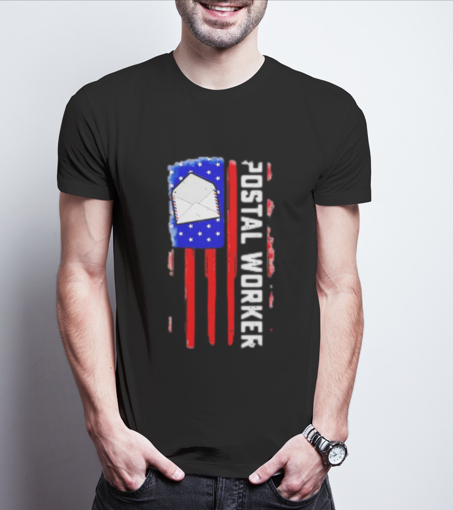 Postal Worker American Flag Envelope Stars Stripes Patriotic Postman Rural Carrier T-Shirt