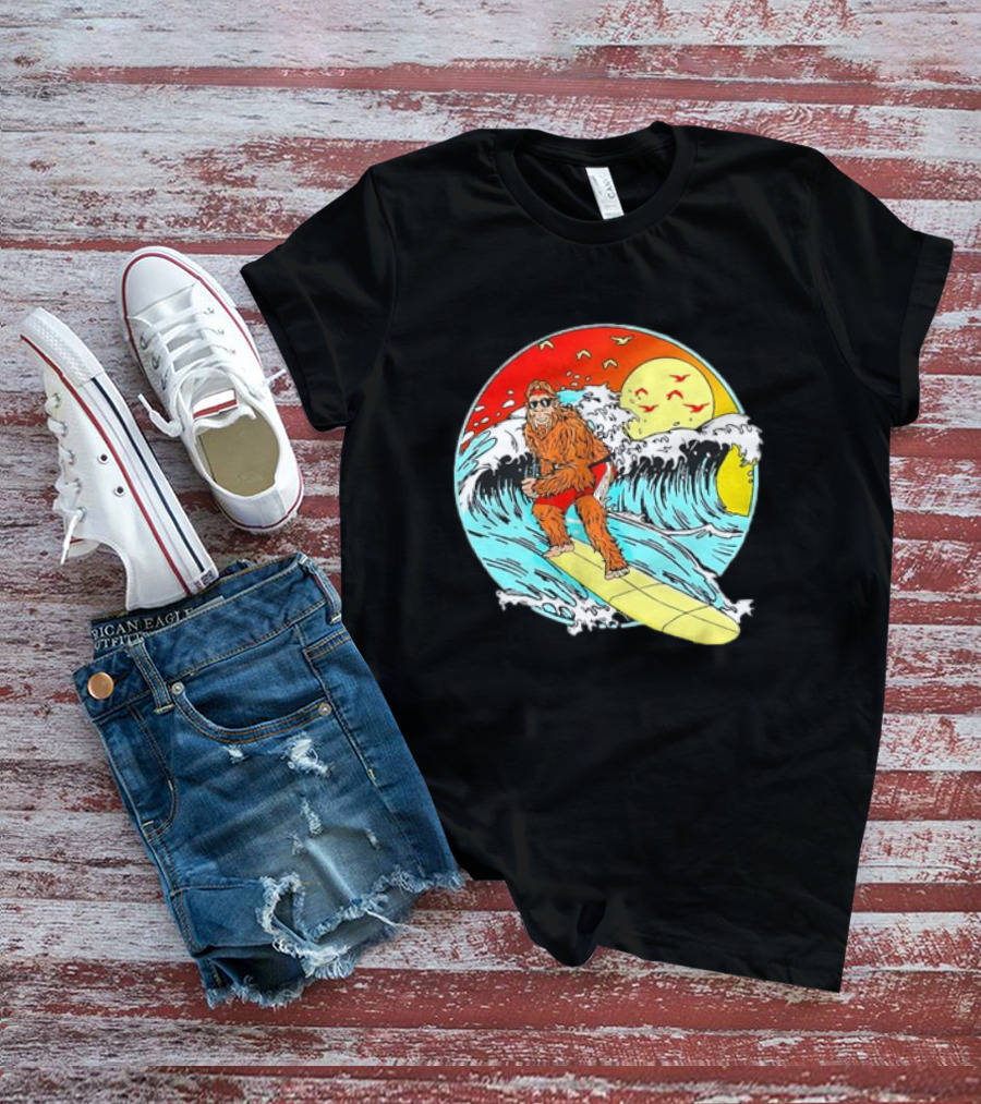 Bigfoot Surfing Sasquatch Retro 80s Beach Waves Sun Fun T-Shirt