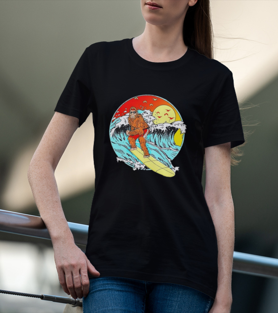 Bigfoot Surfing Sasquatch Retro 80s Beach Waves Sun Fun T-Shirt