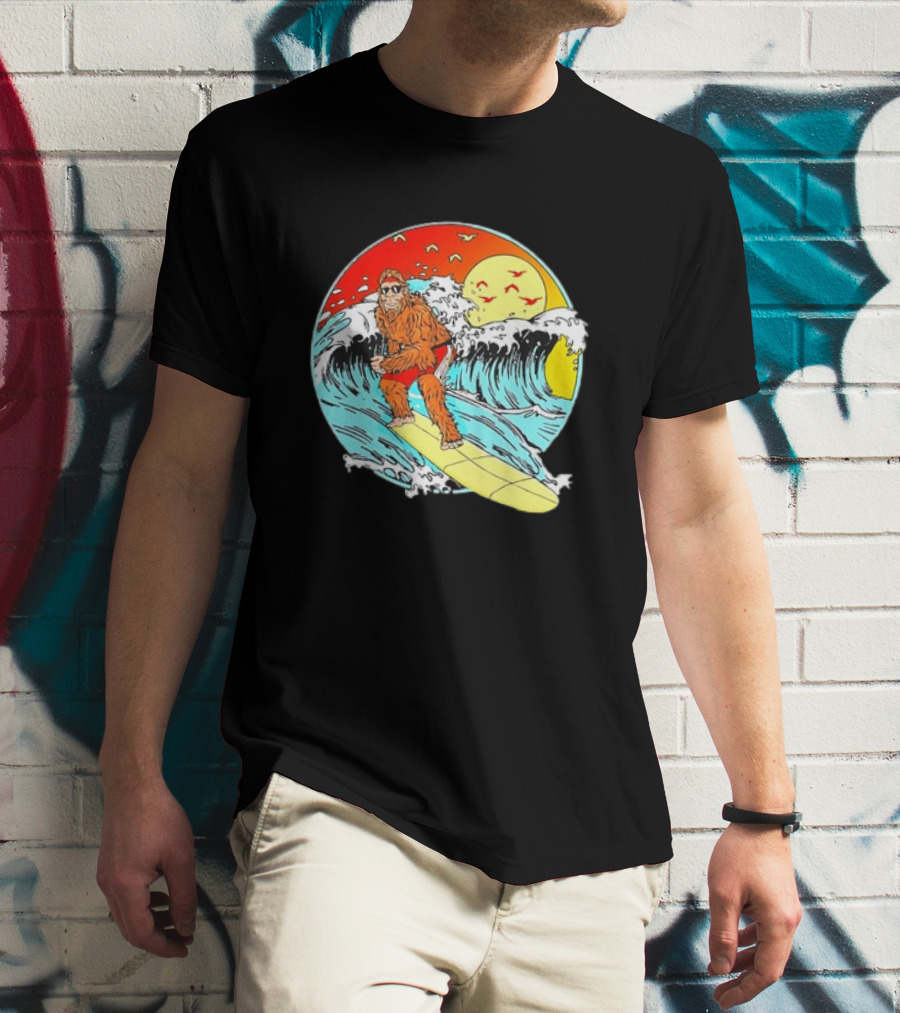 Bigfoot Surfing Sasquatch Retro 80s Beach Waves Sun Fun T-Shirt