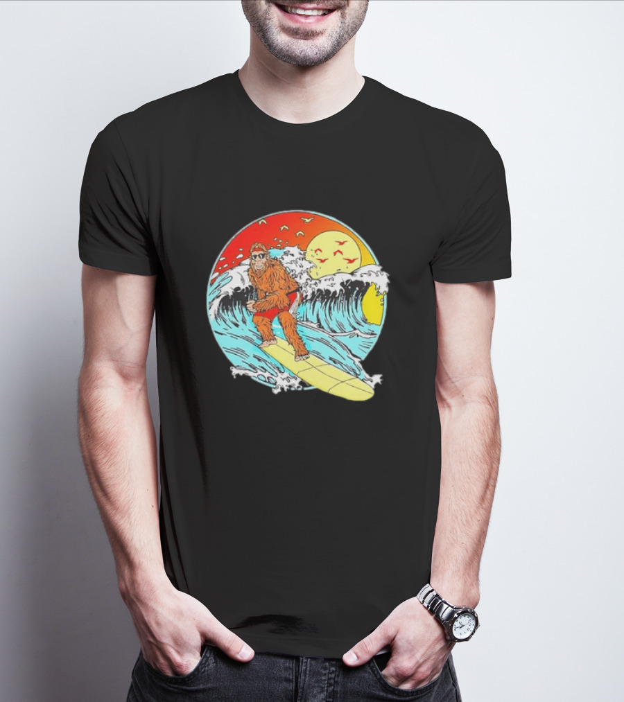 Bigfoot Surfing Sasquatch Retro 80s Beach Waves Sun Fun T-Shirt