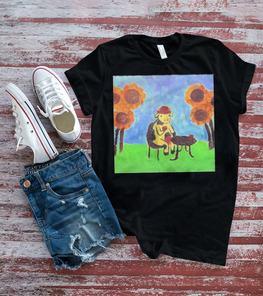Leanbeeftees Tea Time Cow In Hat With Sunflowers T-Shirt