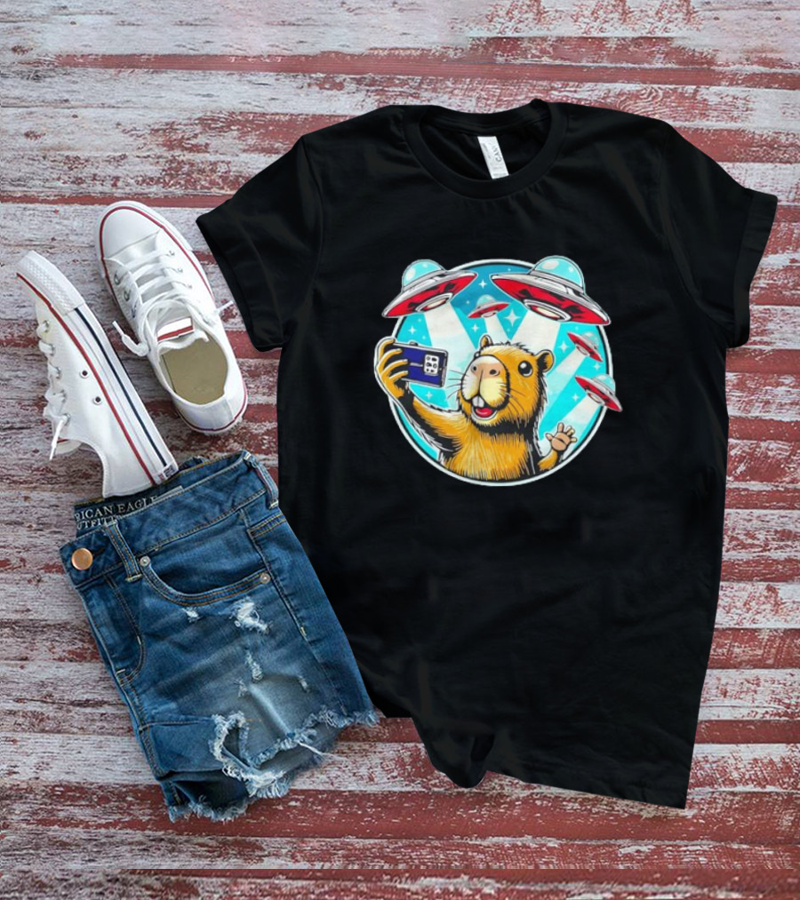 Capybara Taking Selfie With UFO Fleet Overhead T-Shirt
