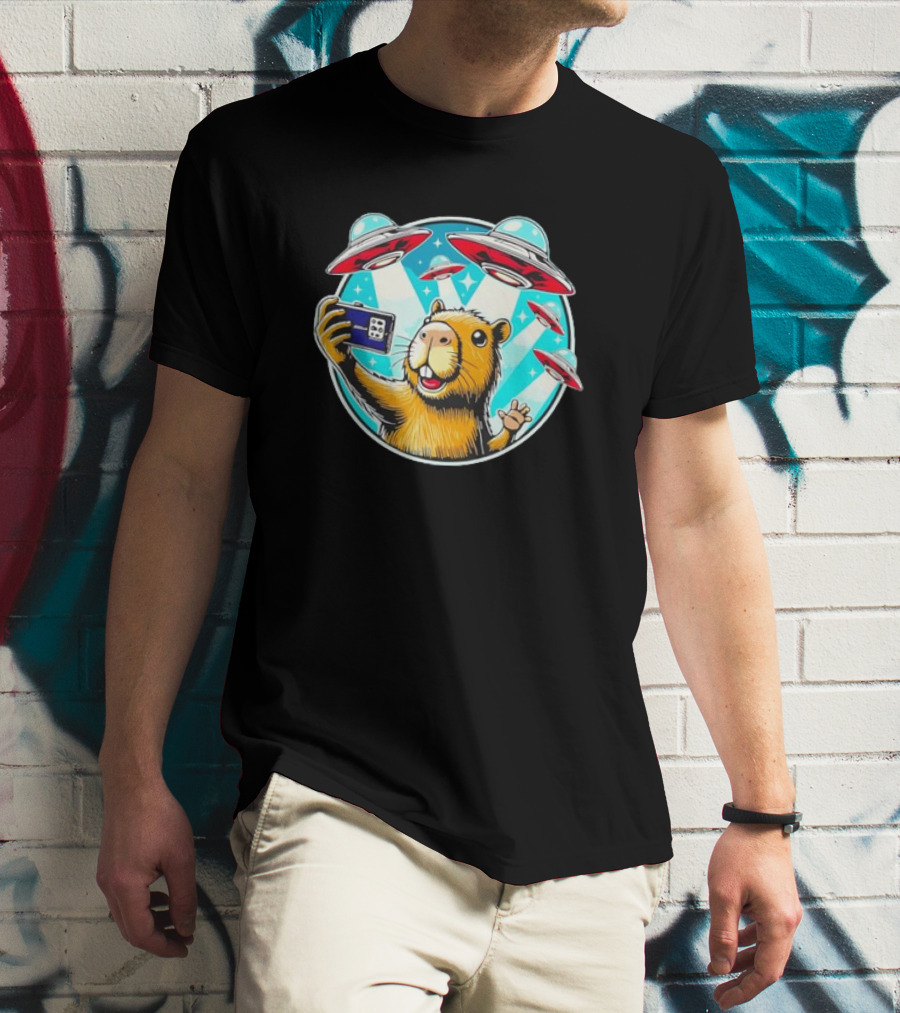 Capybara Taking Selfie With UFO Fleet Overhead T-Shirt