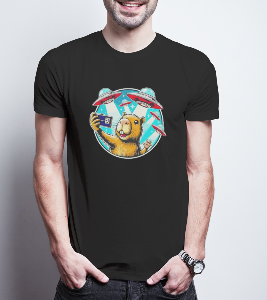 Capybara Taking Selfie With UFO Fleet Overhead T-Shirt