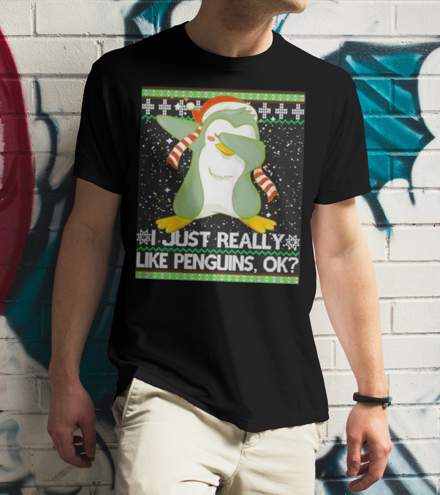 I Just Really Like Penguins Ok Ugly Christmas Cute Dabbing Penguin T-Shirt