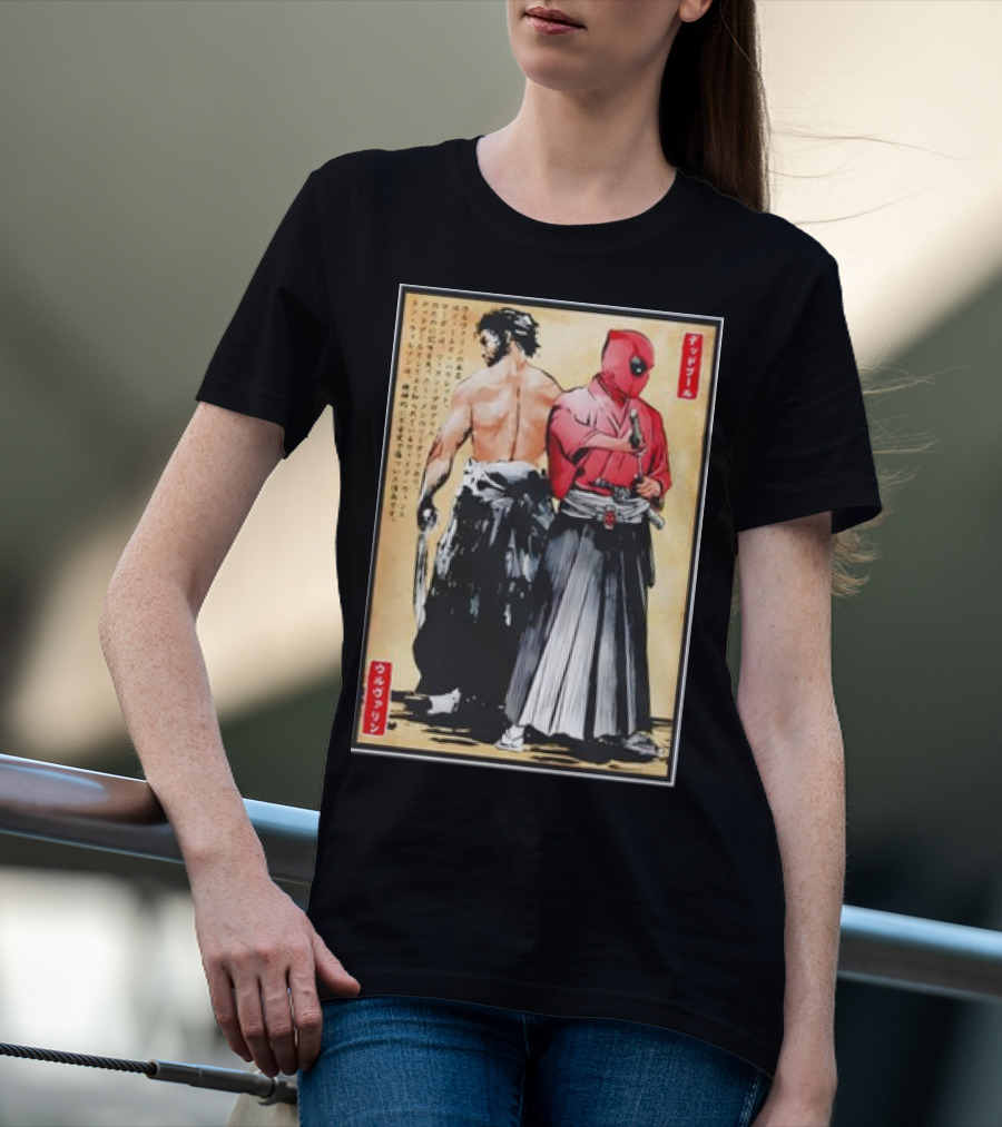 Mutant Samurai And Red Ronin Deadpool Wolverine Woodblock T-Shirt