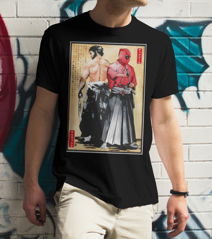 Mutant Samurai And Red Ronin Deadpool Wolverine Woodblock T-Shirt