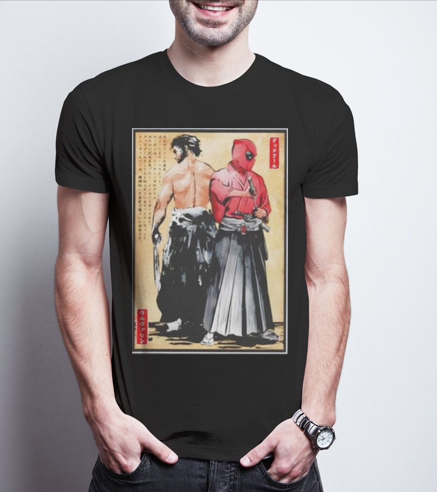 Mutant Samurai And Red Ronin Deadpool Wolverine Woodblock T-Shirt