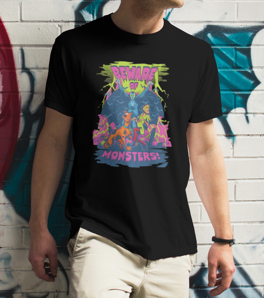 Beware Of Monsters Scooby Doo And Shaggy In Haunted Scene T-Shirt