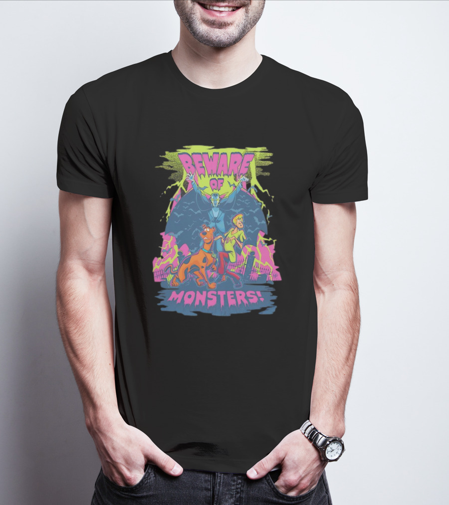 Beware Of Monsters Scooby Doo And Shaggy In Haunted Scene T-Shirt