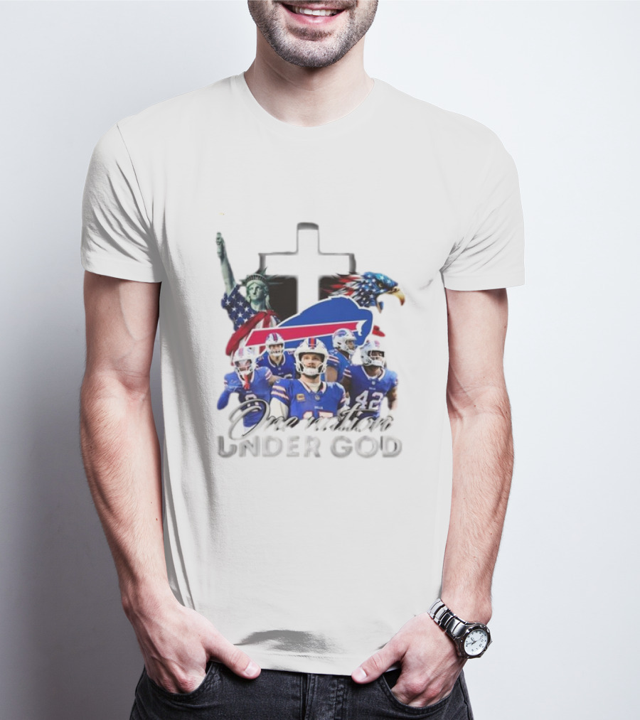 Buffalo Bills One Nation Under God American Flag Eagle Cross Statue Of Liberty Football Players T-Shirt