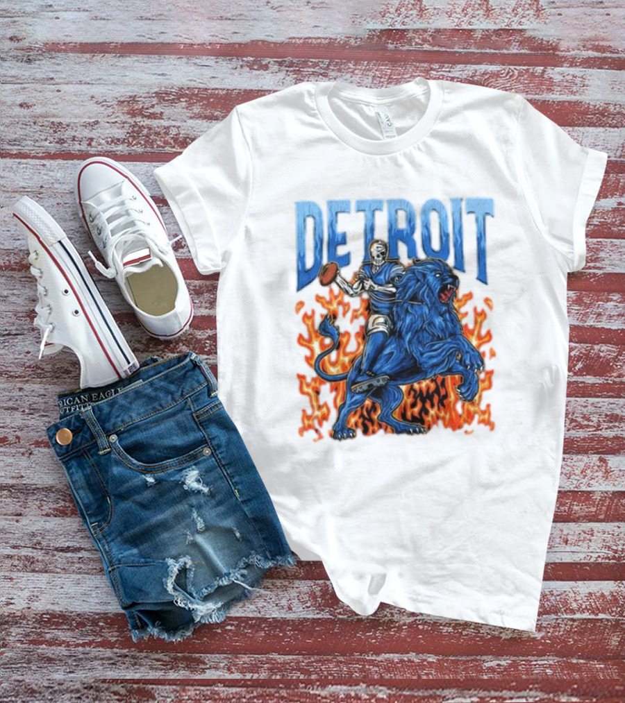 Detroit Lions Skeleton Quarterback Riding Flaming Blue Lion T-Shirt