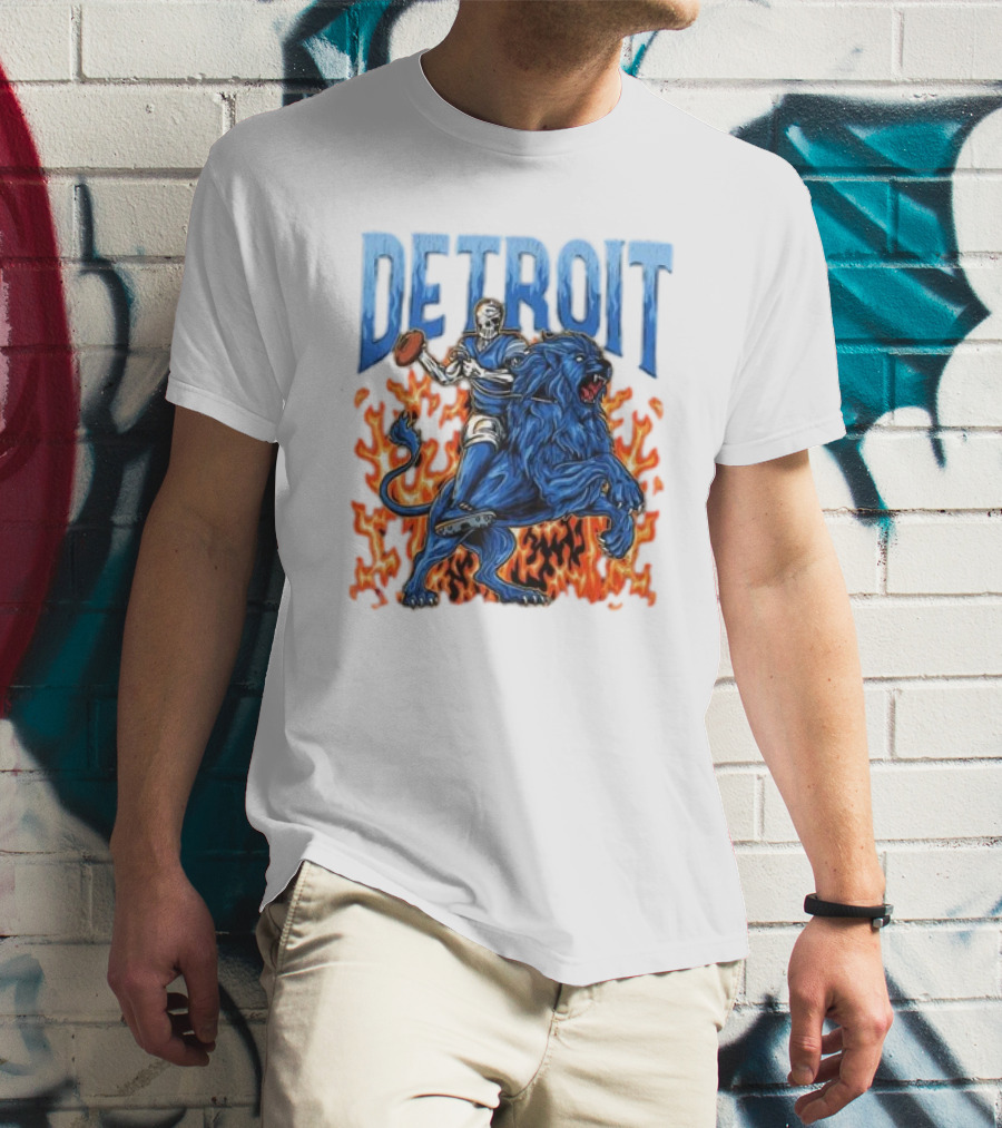 Detroit Lions Skeleton Quarterback Riding Flaming Blue Lion T-Shirt
