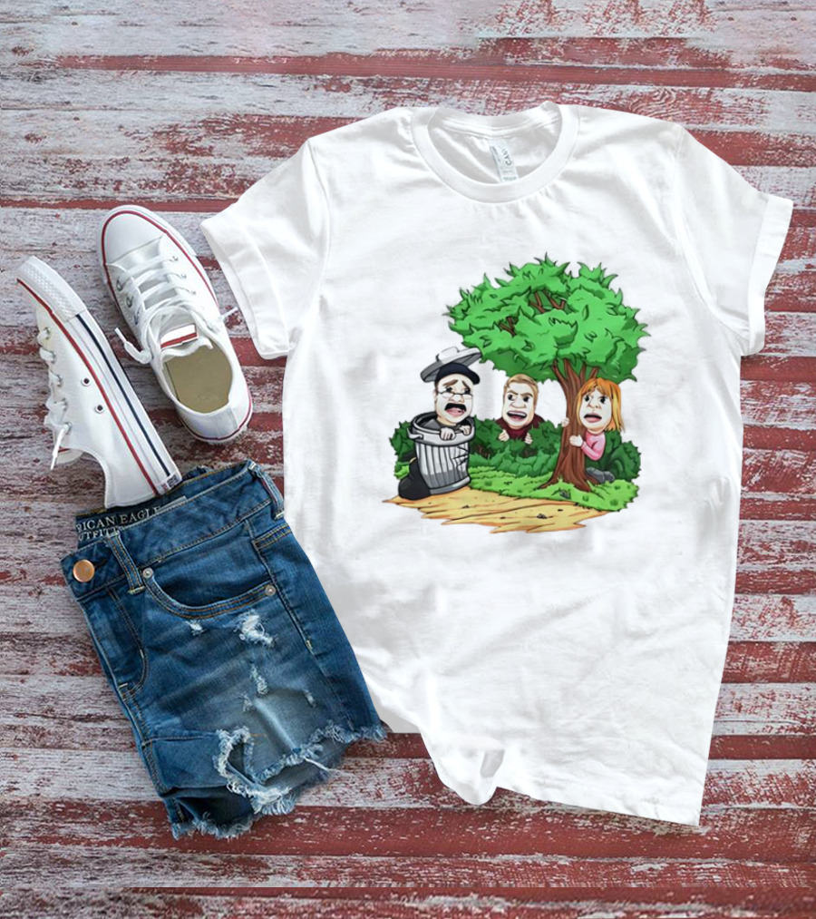 Artem Potokin Little Me Cartoon Characters Hiding Behind Tree And Trash Can T-Shirt